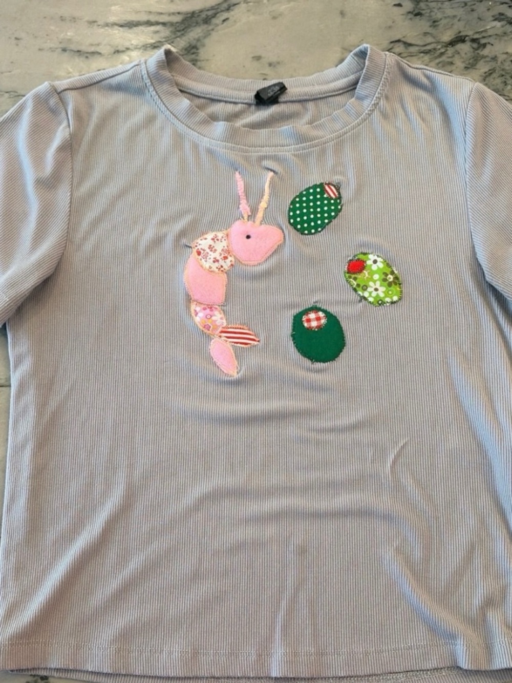 Light Gray Ribbed Top with Handmade Pink Shrimp & Green Olives Patch Appliqués